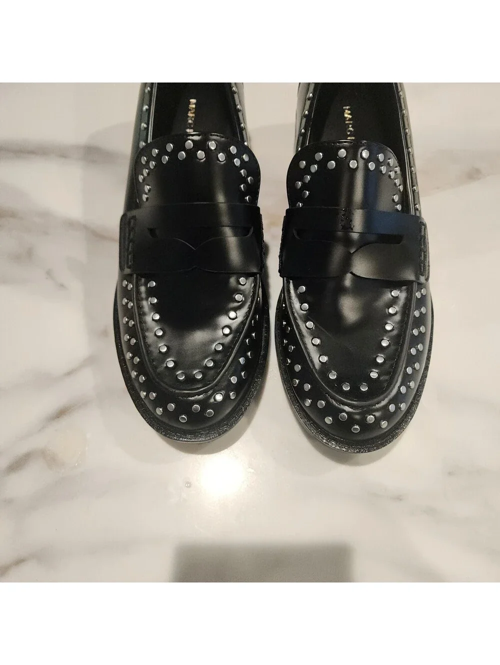 Marc Fisher Black Leather Studded Penny Loafers Women’s Size 6.5